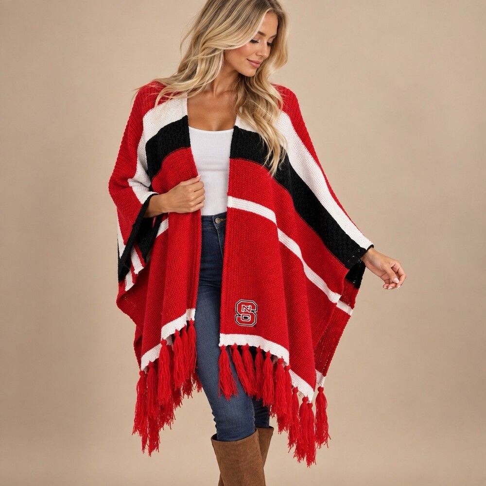 ZooZatz NC State Wolfpack Womens Knit Poncho Cape Red Black White Fringe